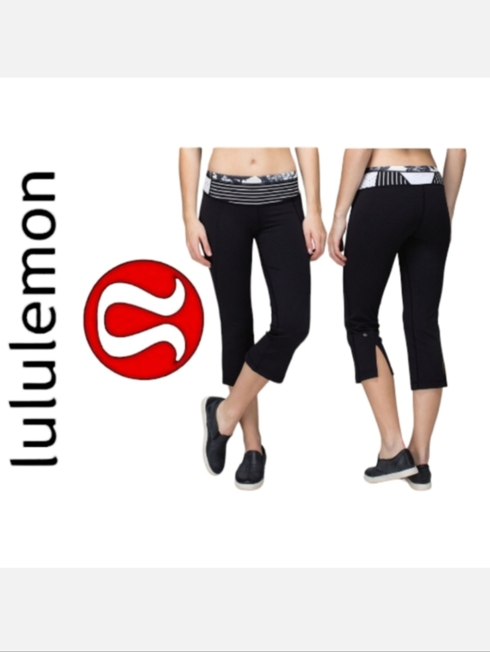 Lululemon Gather & Crow Crop Leggings Full-On Luon Black/White Quilt Sz 4 Sport